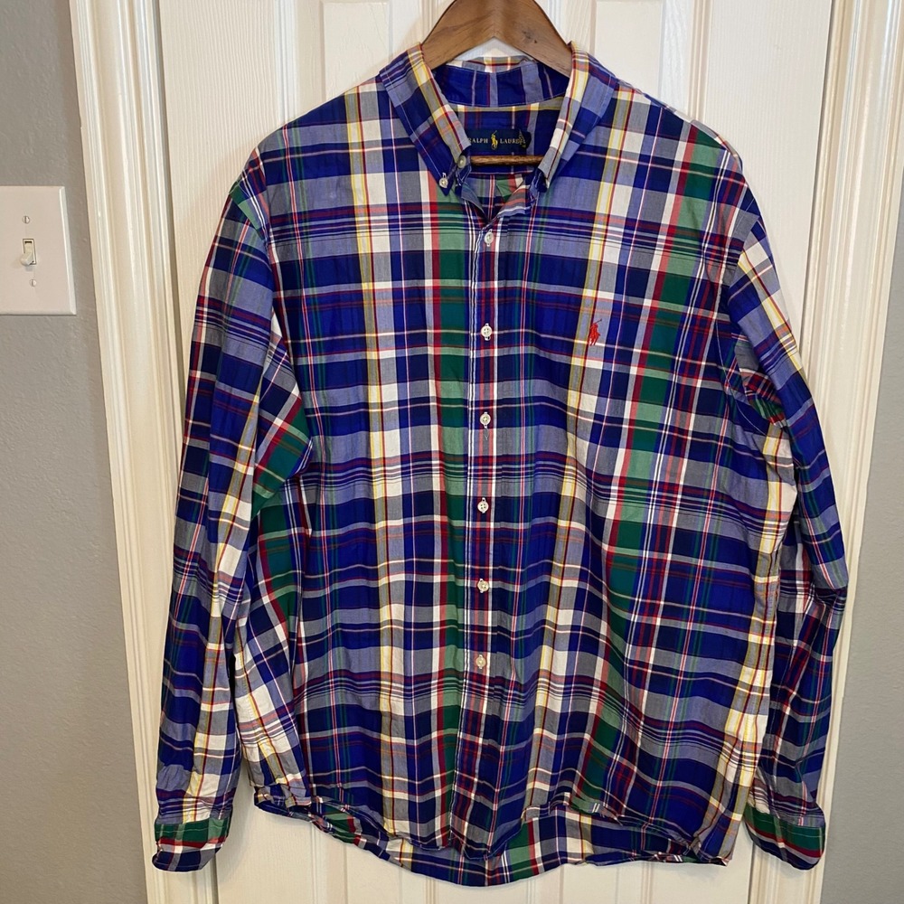 Polo Ralph Lauren Button Down Shirt Mens XXL Custom Fit Plaid Blue Green Red